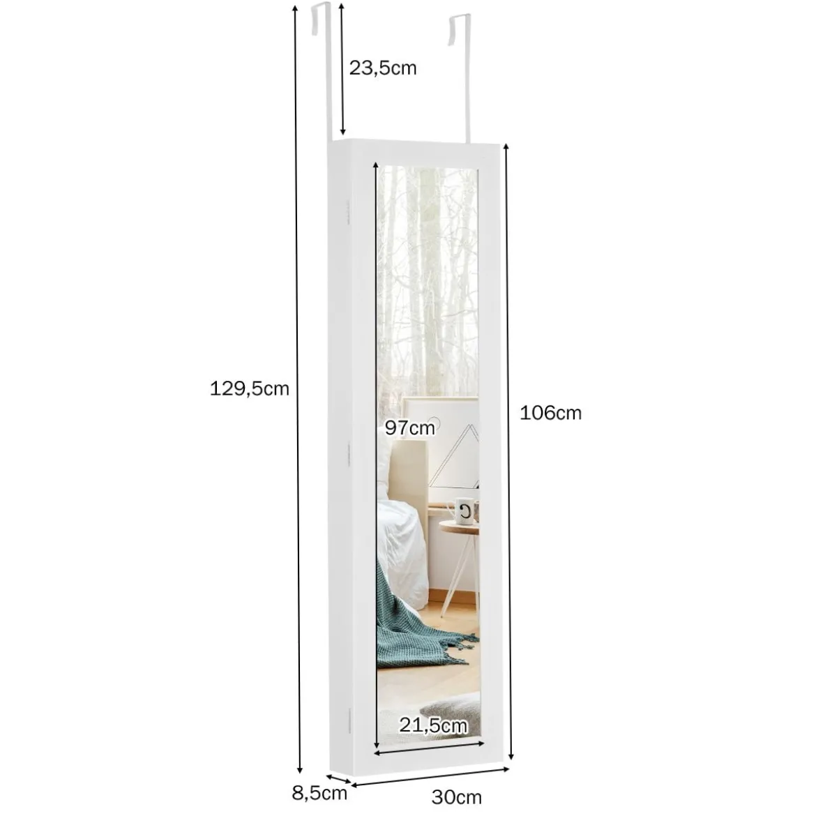 Schmuckschrank für Tür und Wandmontage Ganzkörperspiegel Spiegel mit Aufbewahrungsregalen 30 x 8,5 x 129,5 cm Weiß