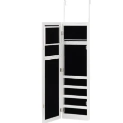 Schmuckschrank für Tür und Wandmontage Ganzkörperspiegel Spiegel mit Aufbewahrungsregalen 30 x 8,5 x 129,5 cm Weiß