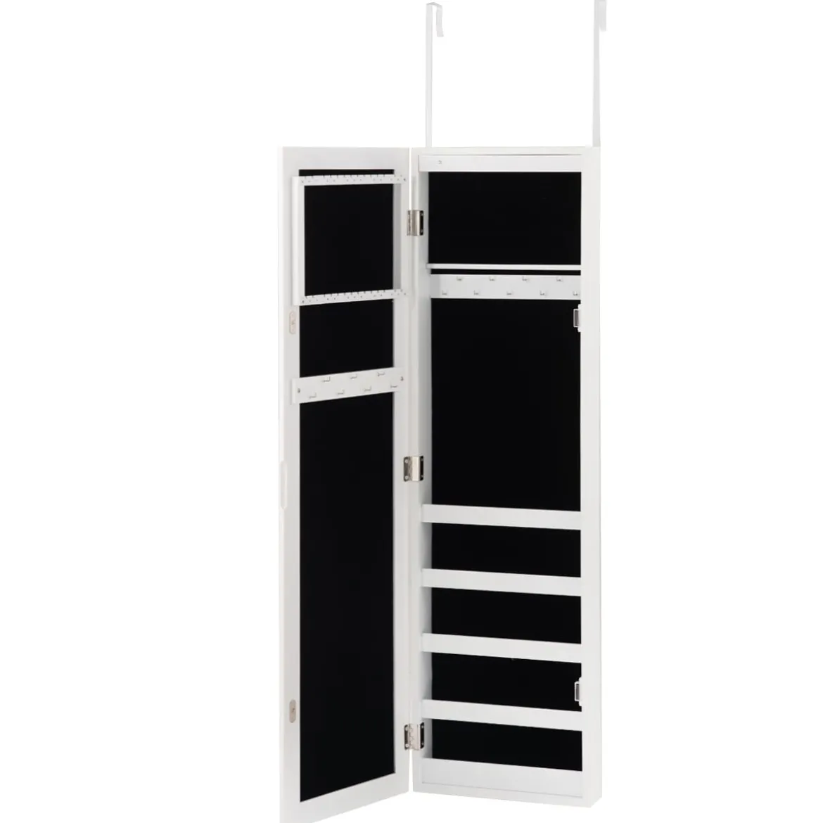 Schmuckschrank für Tür und Wandmontage Ganzkörperspiegel Spiegel mit Aufbewahrungsregalen 30 x 8,5 x 129,5 cm Weiß