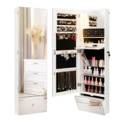 Schmuckschrank hängend Spiegelschrank abschließbar mit LED Beleuchten 120 x 37 x 11 cm Weiß