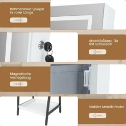 Schmuckschrank mit Ablage & Ganzkörperspiegel & 3 Farbigen LED-Lechten & 2 Schubladen Weiß