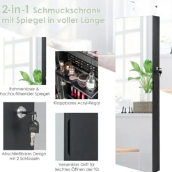 Schmuckschrank mit Ganzkörperspiegel & 3-farbigen Lichtern an der Wand/Tür Schwarz
