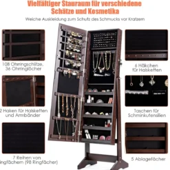 Schmuckschrank mit Ganzkörperspiegel freistehender Schmuckständer 41 x 36,5 x 146 cm Braun