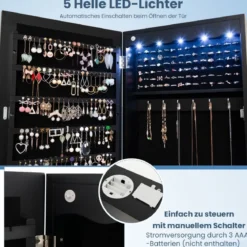 Schmuckschrank mit LED Abschließbarer Wand-/Türschmuckschrank mit Spiegel & 6 Schubläden Schwarz