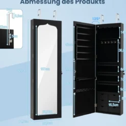 Schmuckschrank mit LED Abschließbarer Wand-/Türschmuckschrank mit Spiegel & 6 Schubläden Schwarz