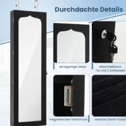 Schmuckschrank mit LED Abschließbarer Wand-/Türschmuckschrank mit Spiegel & 6 Schubläden Schwarz