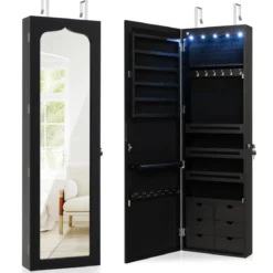 Schmuckschrank mit LED Abschließbarer Wand-/Türschmuckschrank mit Spiegel & 6 Schubläden Schwarz