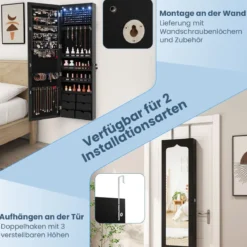 Schmuckschrank mit LED Abschließbarer Wand-/Türschmuckschrank mit Spiegel & 6 Schubläden Schwarz