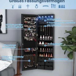 Schmuckschrank mit LED Abschließbarer Wand-/Türschmuckschrank mit Spiegel & 6 Schubläden Schwarz