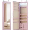 Schmuckschrank mit LED Abschließbarer Wand-/Türschmuckschrank mit Spiegel & 6 Schubläden Rosa