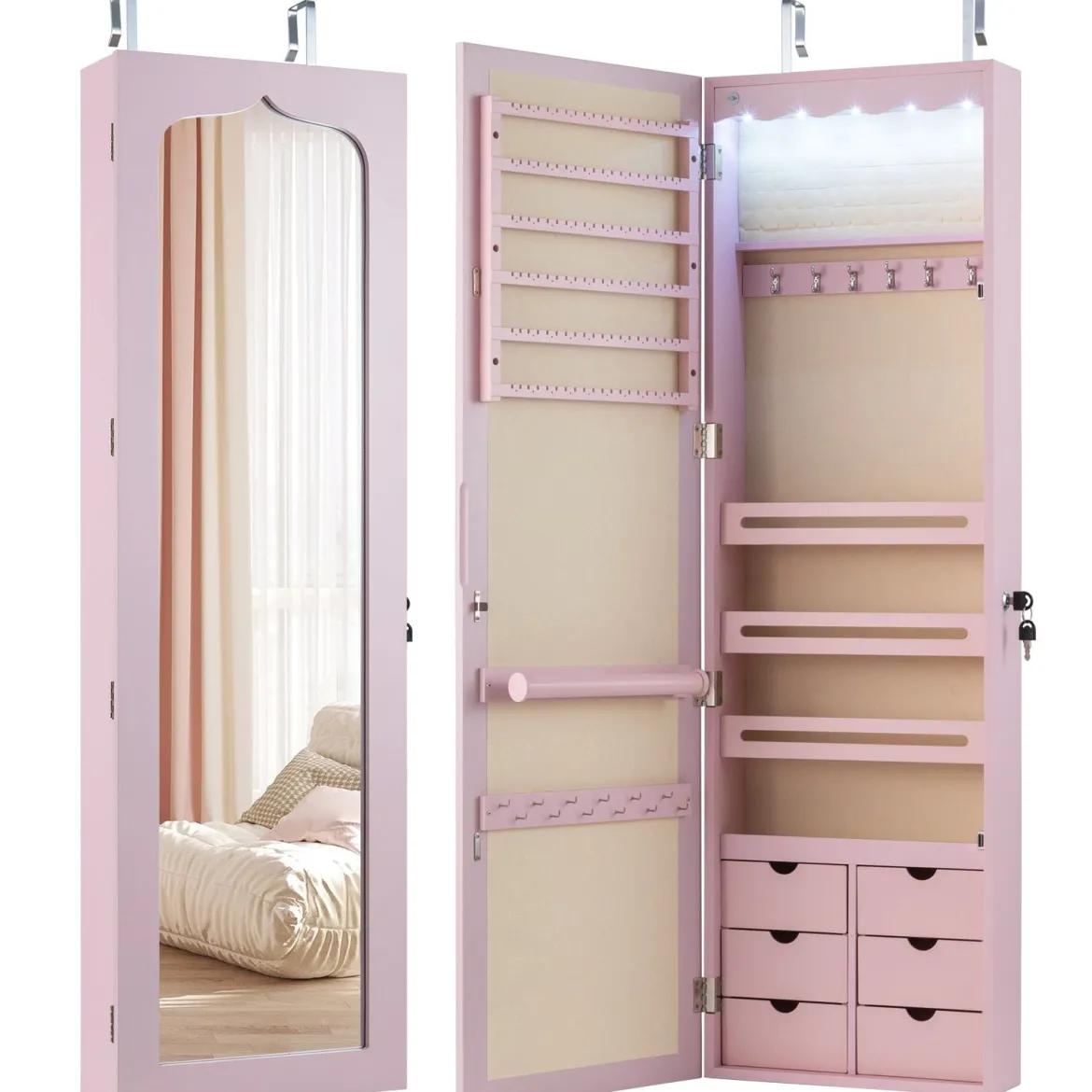 Schmuckschrank mit LED Abschließbarer Wand-/Türschmuckschrank mit Spiegel & 6 Schubläden Rosa