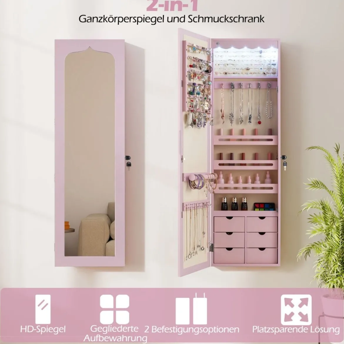 Schmuckschrank mit LED Abschließbarer Wand-/Türschmuckschrank mit Spiegel & 6 Schubläden Rosa
