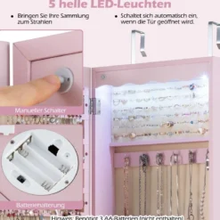 Schmuckschrank mit LED Abschließbarer Wand-/Türschmuckschrank mit Spiegel & 6 Schubläden Rosa