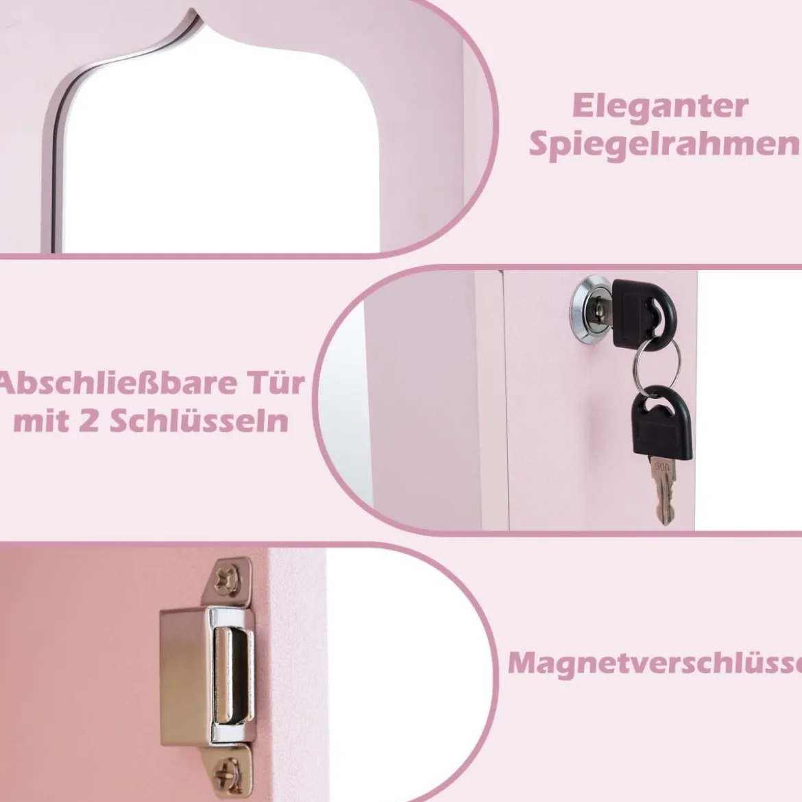 Schmuckschrank mit LED Abschließbarer Wand-/Türschmuckschrank mit Spiegel & 6 Schubläden Rosa