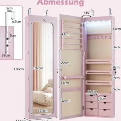 Schmuckschrank mit LED Abschließbarer Wand-/Türschmuckschrank mit Spiegel & 6 Schubläden Rosa