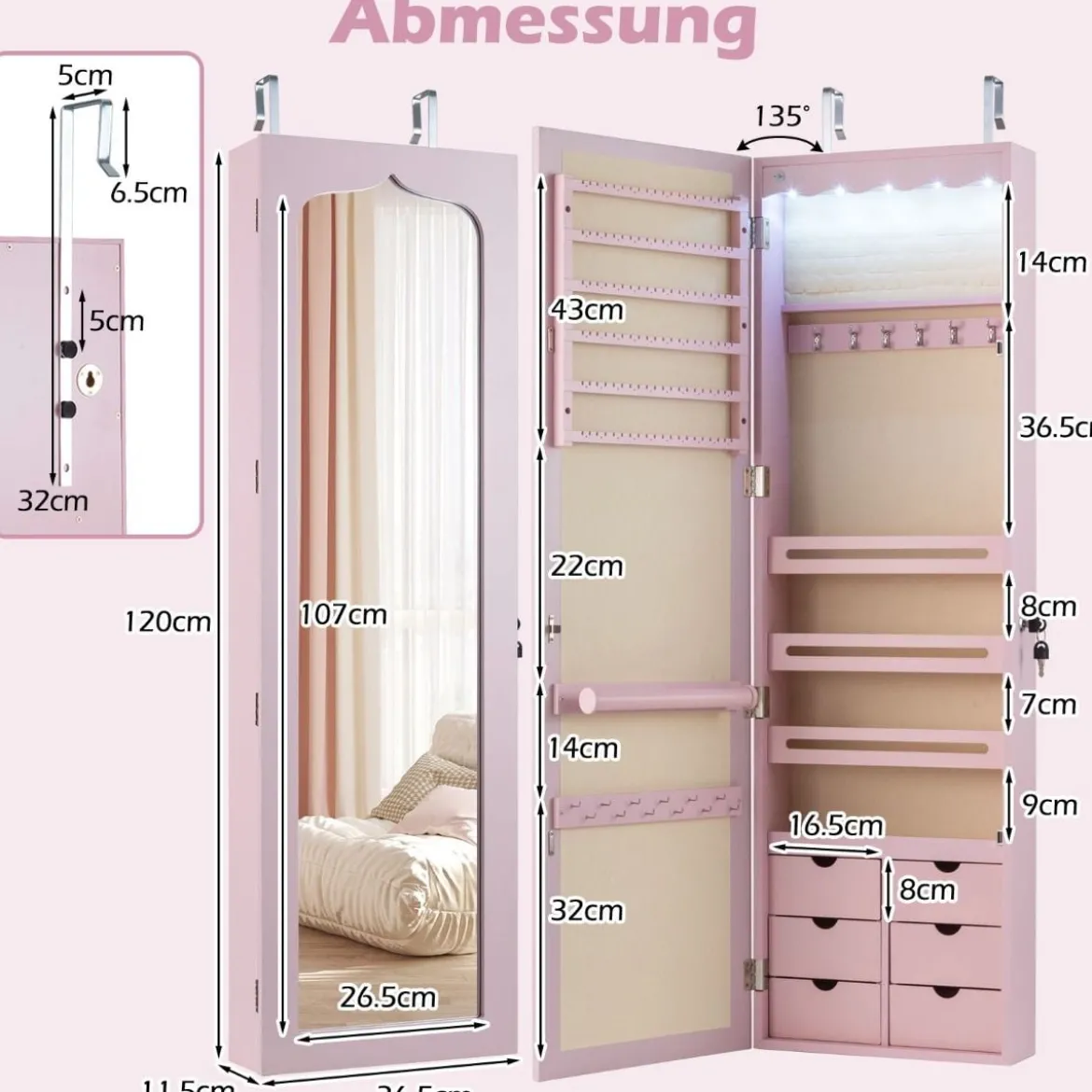 Schmuckschrank mit LED Abschließbarer Wand-/Türschmuckschrank mit Spiegel & 6 Schubläden Rosa