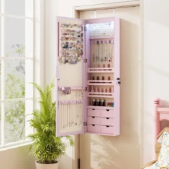 Schmuckschrank mit LED Abschließbarer Wand-/Türschmuckschrank mit Spiegel & 6 Schubläden Rosa