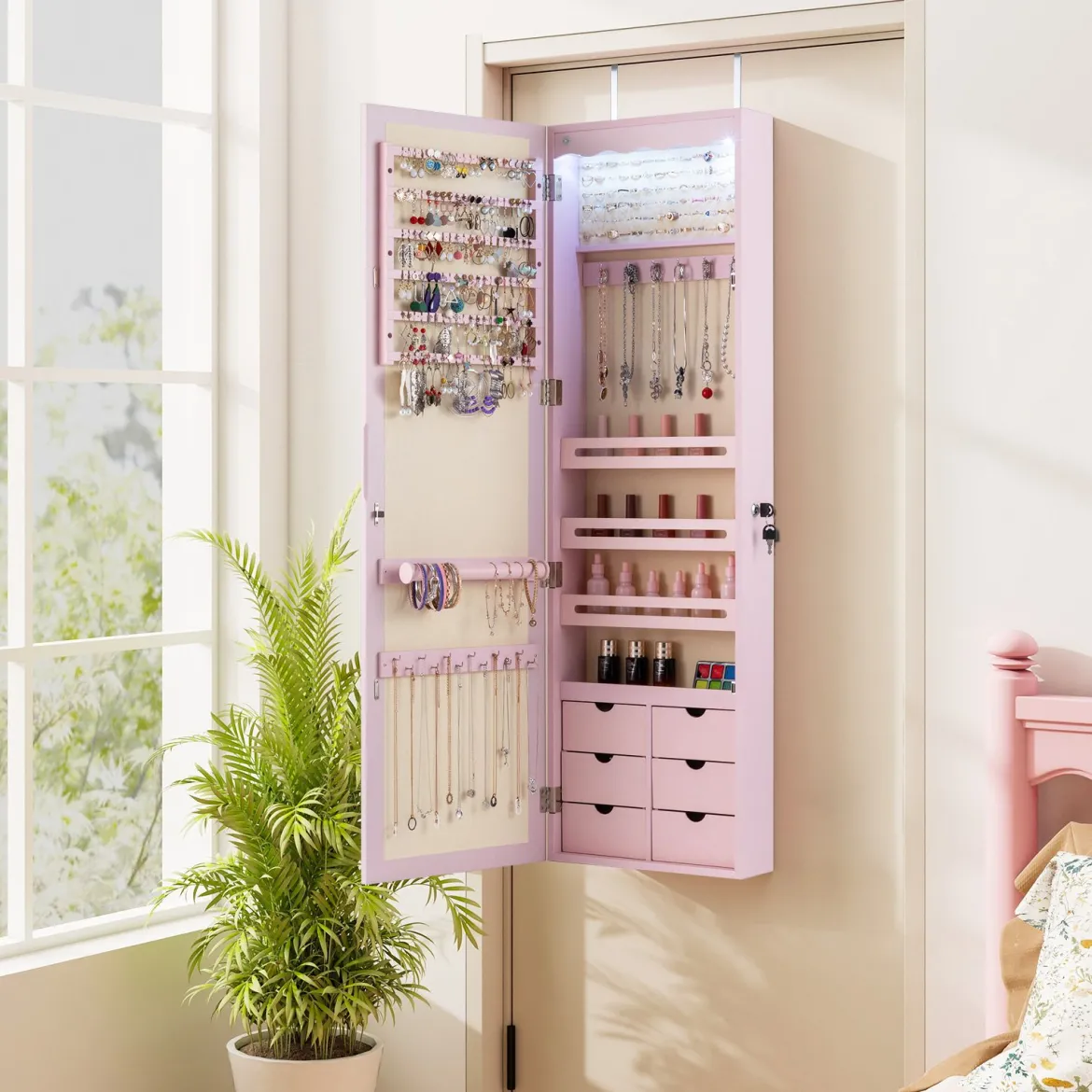 Schmuckschrank mit LED Abschließbarer Wand-/Türschmuckschrank mit Spiegel & 6 Schubläden Rosa