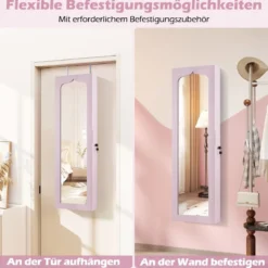 Schmuckschrank mit LED Abschließbarer Wand-/Türschmuckschrank mit Spiegel & 6 Schubläden Rosa