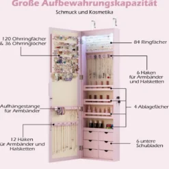 Schmuckschrank mit LED Abschließbarer Wand-/Türschmuckschrank mit Spiegel & 6 Schubläden Rosa