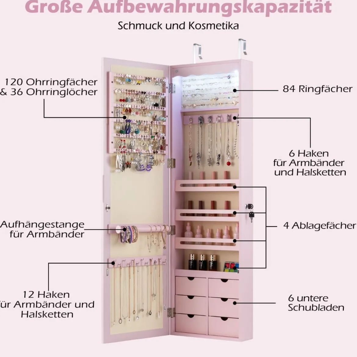 Schmuckschrank mit LED Abschließbarer Wand-/Türschmuckschrank mit Spiegel & 6 Schubläden Rosa