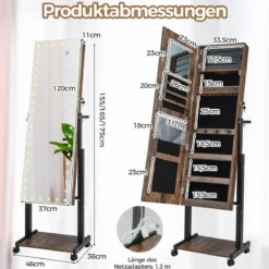Schmuckschrank mit Rollen 4 in 1 Spiegelschrank mit 3-farbig LED Leuchten & verstellbarer Höhe Braun