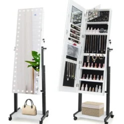 Schmuckschrank mit Rollen 4 in 1 Spiegelschrank mit 3-farbig LED Leuchten & verstellbarer Höhe Weiß