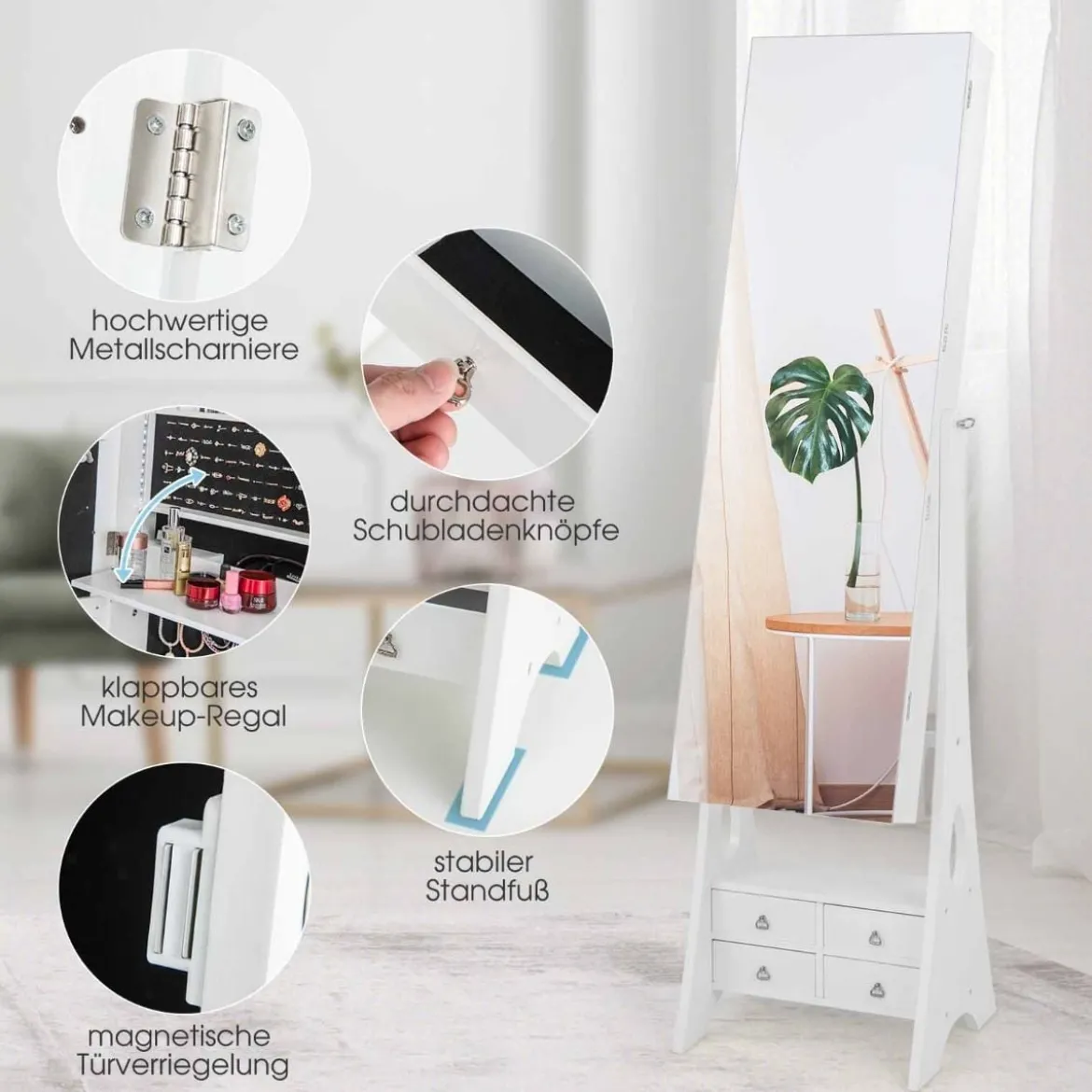 Schmuckschrank mit Spiegel & Beleuchtung Schmuck Spiegelschrank mit Schubladen und klappbaren Ablage Weiß