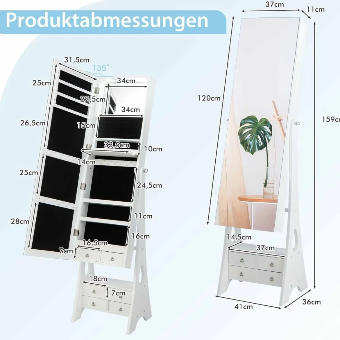 Schmuckschrank mit Spiegel & Beleuchtung Schmuck Spiegelschrank mit Schubladen und klappbaren Ablage Weiß