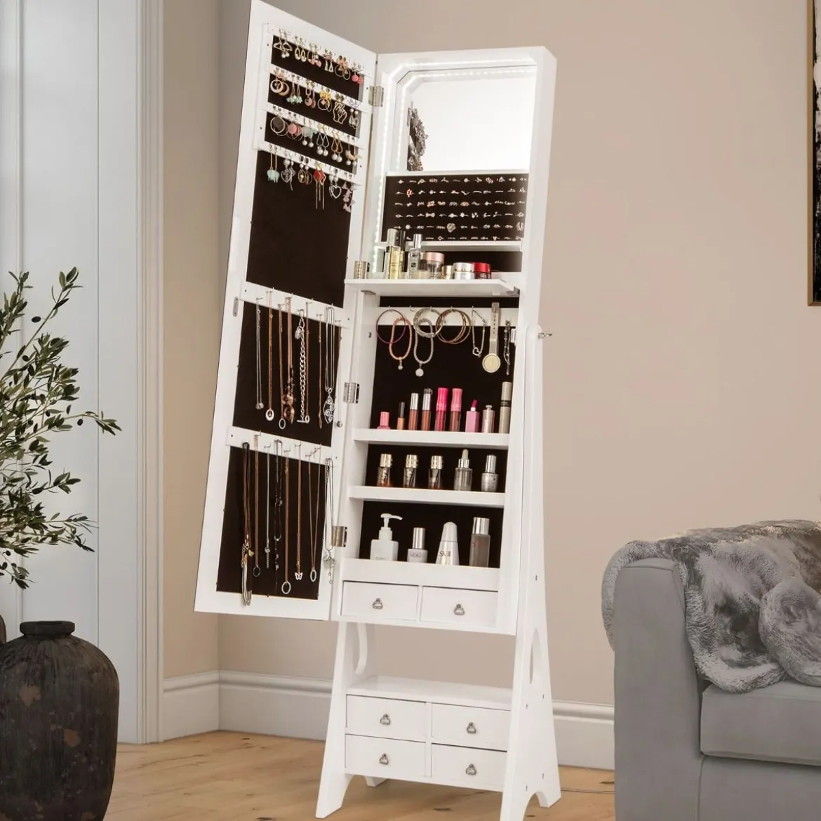 Schmuckschrank mit Spiegel & Beleuchtung Schmuck Spiegelschrank mit Schubladen und klappbaren Ablage Weiß
