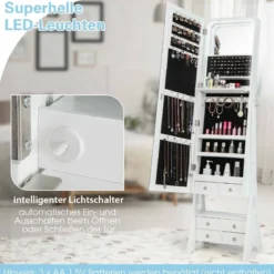 Schmuckschrank mit Spiegel & Beleuchtung Schmuck Spiegelschrank mit Schubladen und klappbaren Ablage Weiß
