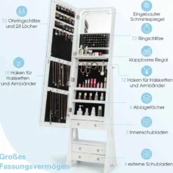 Schmuckschrank mit Spiegel & Beleuchtung Schmuck Spiegelschrank mit Schubladen und klappbaren Ablage Weiß