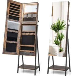Schmuckschrank mit Spiegel & 3-farbigen LED Beleuchtung 41,5 x 37 x 157 cm Rustikales Braun