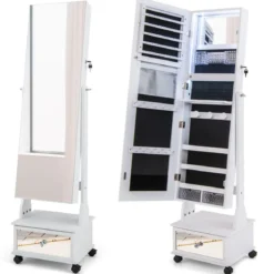 Schmuckschrank mit 3 Spiegeln & Schublade & Rollen & Leuchten Schmuckspiegel Weiß
