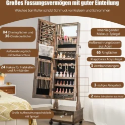 Schmuckschrank mit 3 Spiegeln & Schublade & Rollen & Leuchten Schmuckspiegel Rustikales Braun