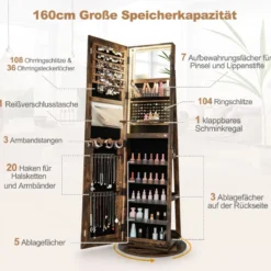 Schmuckschrank mit Spiegel Schmuck Spiegelschrank mit verstellbaren LED-Leuchten 54,5 x 54,5 x 160 cm Vintage