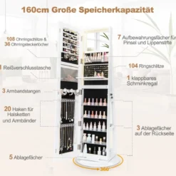 Schmuckschrank mit Spiegel Schmuck Spiegelschrank mit verstellbaren LED-Leuchten 54,5 x 54,5 x 160 cm Weiß