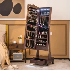 Schmuckschrank Spiegelschrank mit Ganzkörperspiegel & Schubladen & LED Braun