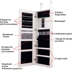 Schmuckschrank 3 Stufen Höheneinstellbar Spiegelschrank 120 x 40 x 12 cm Weiß