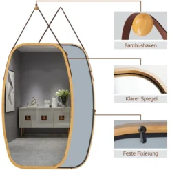 Schmuckspiegel mit Bambus-Rahmen und verstellbarem Lederband 77 x 44 x 1,5 cm