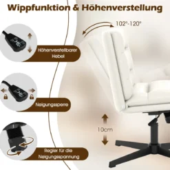 Schneidersitz Stuhl mit Dicker Polsterung Höhenverstellbarer Drehstuhl Bürostuhl Weiß