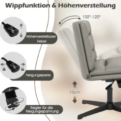 Schneidersitz Stuhl mit Dicker Polsterung Höhenverstellbarer Drehstuhl Bürostuhl Grau