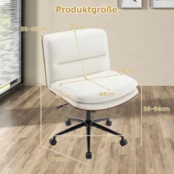 Schneidersitz Stuhl mit Rollen Gepolsterter Schreibtischstuhl ohne Armlehnen Drehstuhl Weiß
