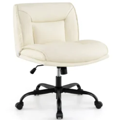 Schneidersitz Stuhl mit Rollen & Breiter Sitzfläche Schreibtischstuhl Bürostuhl Schminkstuhl Beige