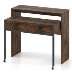 Schreibtisch ausziehbar kleiner Computertisch mit 2 Schubladen & Rollen 100 x 63 x 88 cm Braun