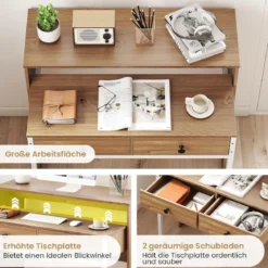 Schreibtisch ausziehbar kleiner Computertisch mit 2 Schubladen & Rollen 100 x 63 x 88 cm Natur
