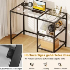 Schreibtisch Computertisch mit gehärtete Glasplatte Schutzglasständer Schwarz
