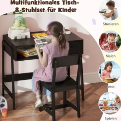 Schreibtisch Kinder mit Stuhl Kinderschreibtisch Set aus Holz Jugendschreibtisch mit Schublade & Ablage Schwarz/Rosa/Weiß