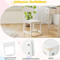 Schreibtisch Kinder mit Stuhl Kinderschreibtisch Set aus Holz Jugendschreibtisch mit Schublade & Ablage Schwarz/Rosa/Weiß