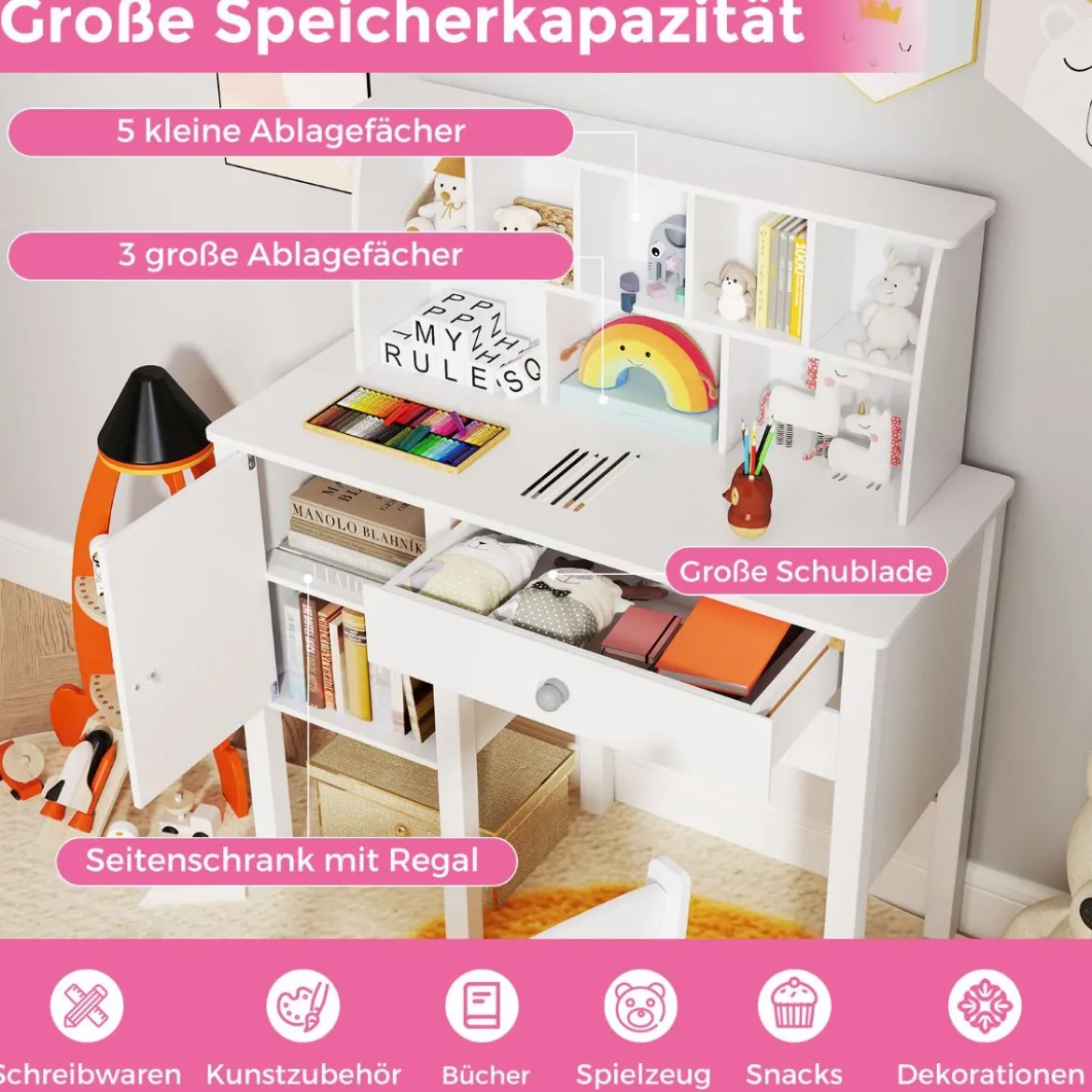 Schreibtisch Kinder mit Stuhl Kinderschreibtisch mit Schublade Schrank & Regal 79 x 34 x 91cm Weiß